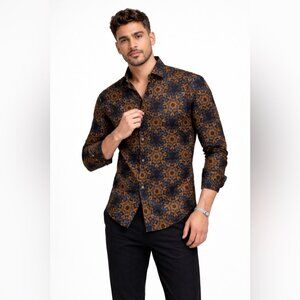 Eight X Premium Black Gold Floral Button Down Shirt Men’s M Slim Fit Cotton